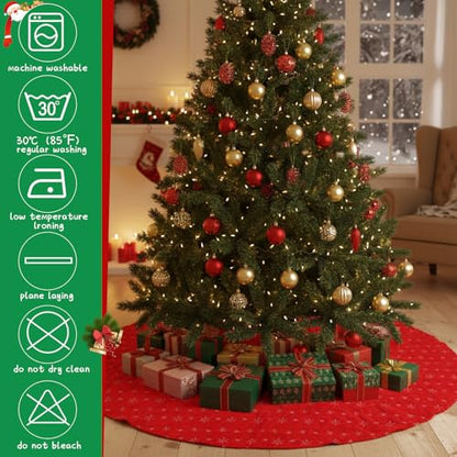 Libima 70 Inch Christmas Tree Skirt Red Faux Fur Sequin Embroidered - Silver Elegant Variation