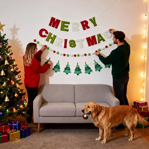 Christmas Felt Banner with Red Green Letters and Holiday Patterns - Moderate Variation