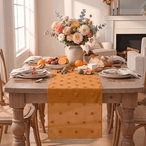 12x120 Inch Caramel Pom Pom Tulle Table Runner for Fall Thanksgiving Home Decor