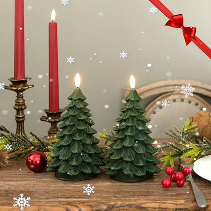 Christmas Tree Flameless Candles with Remote 2-Pack, Green Wax, Battery Operated