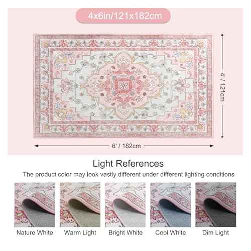 MOSISO 4x6 Area Rug for Living Room, Washable Area Rug, Non Slip Vintage National Area Rugs, Low Pile Carpet, Faux Wool Rectangular Area Rugs Carpet for Living Room Bedroom Dining Room, Home, Pink