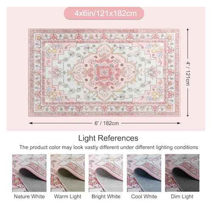 MOSISO 4x6 Area Rug for Living Room, Washable Area Rug, Non Slip Vintage National Area Rugs, Low Pile Carpet, Faux Wool Rectangular Area Rugs Carpet for Living Room Bedroom Dining Room, Home, Pink
