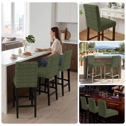 Christmas Bar Stool Cover Set of 4 - Dark Green Farmhouse Deer & Pine Trees - Removable & Stretchable Pub Counter Chair Slipcovers with Backs - Variation: Green / 4pcs
