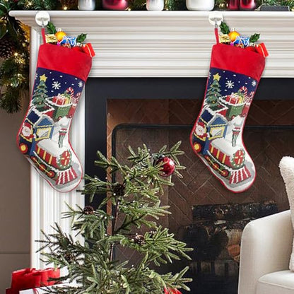 Needlepoint Christmas Stocking - Vintage 18 Inch Xmas Stocking with Personalized Name Tag and Train Embroidery