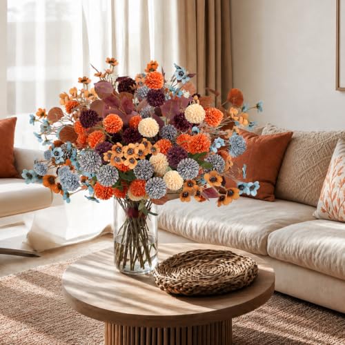Artificial Fall Flowers Bouquet with Eucalyptus - Blue, Wine & Orange Variation