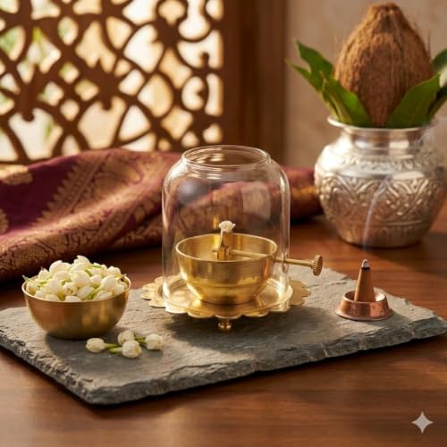 Brass Akhand Jyot Diya with Glass Cover and Adjustable Wick Control