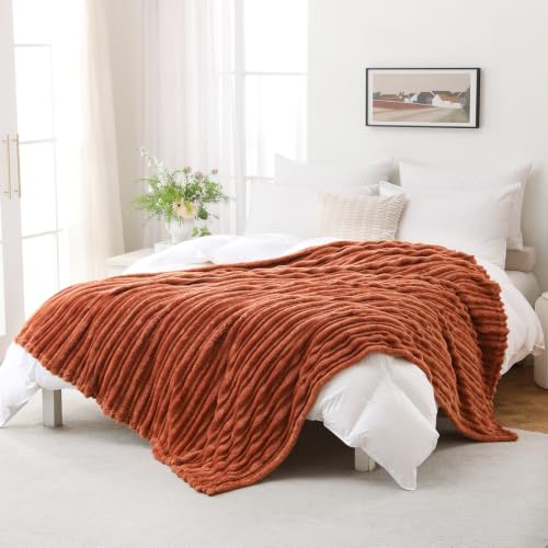 Burnt Orange 50x60 Inch Throw Blanket with 3D Stripe Design for Couch Cozy Home Decor