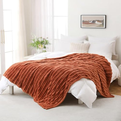 Burnt Orange 50x60 Inch Throw Blanket with 3D Stripe Design for Couch Cozy Home Decor