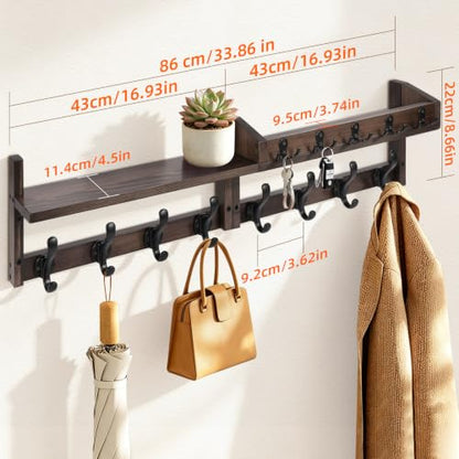 Wall Mounted Coat Rack with Shelf and 13 Hooks - Rustic Wooden Entryway Organizer