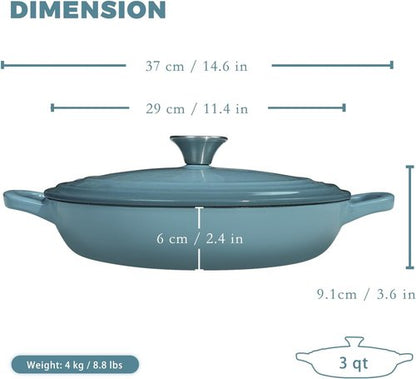 Flavehc Enameled Cast Iron Braiser - 3 Qt Slate Blue Casserole Pan with Lid & Handles