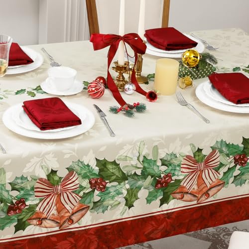 Christmas Jacquard Tablecloth 60x144 Inch - Holiday Holly Bell Design, Green Variation
