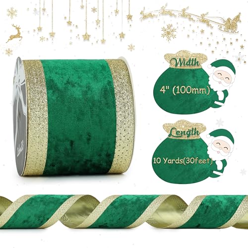 Green Crushed Velvet Wired Ribbon 4 Inch x 10 Yards - Elegant Holiday Decor