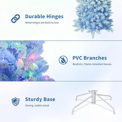 6 Ft Prelit Artificial Christmas Tree with RGB & Warm White Lights - Snow Flocked, Blue Gradient - Foldable Base