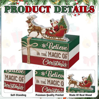 Christmas Santa Sleigh Wooden Book Stack Sign Set - Holiday Table Decor, Rustic Festive Centerpiece - Variation: Santa Sleigh