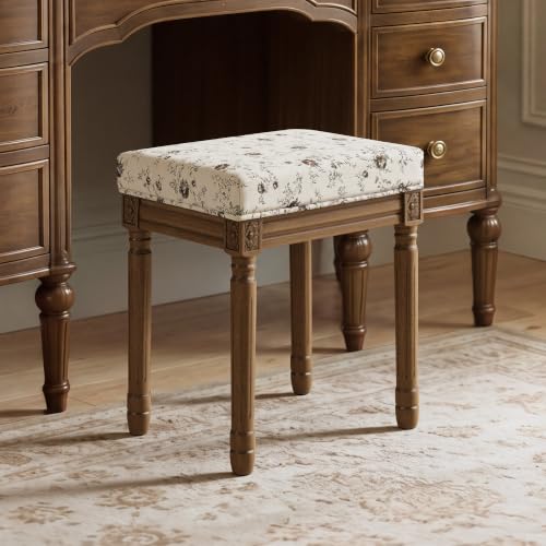 Vintage French Vanity Bench Stool - Mocha Rose Upholstered Makeup Chair