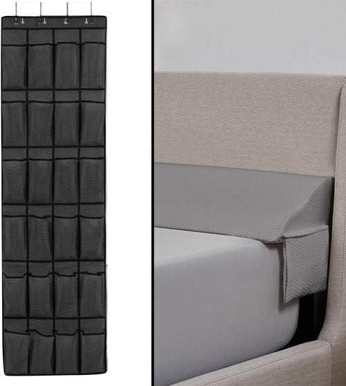 GORILLA GRIP Shoe Organizer & Headboard Gap Pillow Bundle - 24 Pockets Black, King Size Gray for Head & Neck Support