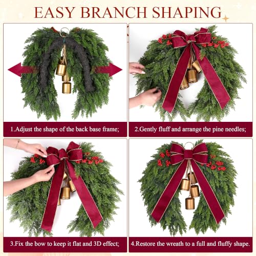 Heart-Shaped Christmas Wreath 24 Inches with Cedar, Velvet Bow & Bells