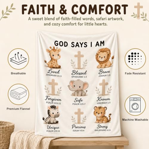 God Says I Am Safari Animal Kids Blanket 40x50 Inches - Christian Nursery Gift - Variation of God Says 01