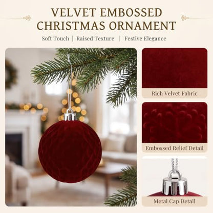 Velvet Christmas Tree Ornaments Set - Red, Green, Gold, Brown - 80pcs with Embossed Patterns
