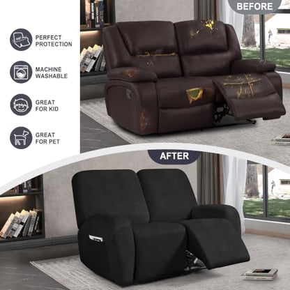 ANARACHON Leather Look Loveseat Recliner Cover 2 Seater Black - 6 Pieces