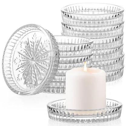 12 Pcs Snowflake Glass Candle Holders - 3.74 Inch Clear Winter Candle Plates for Holiday Decor