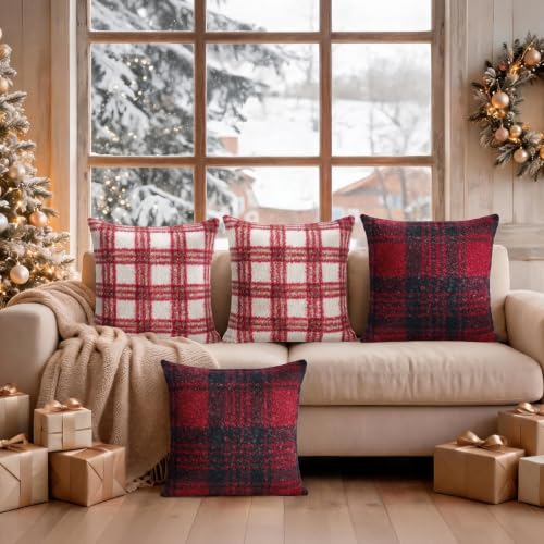 Christmas Throw Pillow Covers 24x24 Inch Set of 2 Buffalo Plaid Decorative Pillowcases - White Red, Farmhouse Rustic Holiday Decor