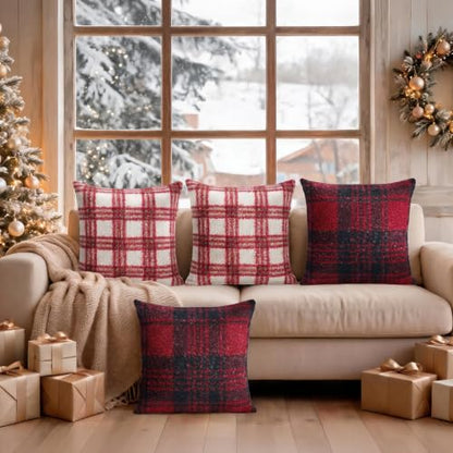 Christmas Throw Pillow Covers 24x24 Inch Set of 2 Buffalo Plaid Decorative Pillowcases - White Red, Farmhouse Rustic Holiday Decor