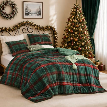 King Comforter Set Green Plaid Flannel 3 Pieces - Christmas Bedding