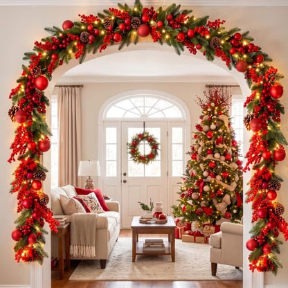6ft LED Prelit Christmas Garland with Burgundy & Rustic Variations