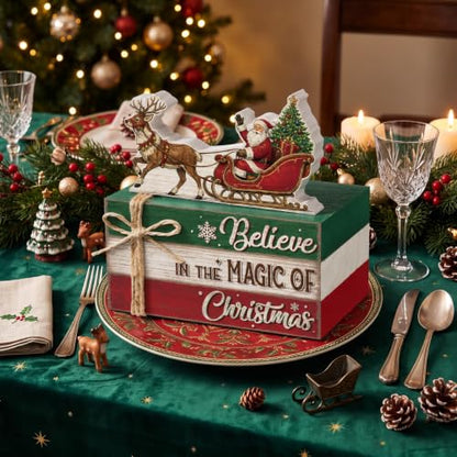 Christmas Santa Sleigh Wooden Book Stack Sign Set - Holiday Table Decor, Rustic Festive Centerpiece - Variation: Santa Sleigh