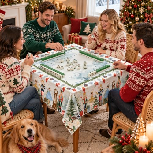 55 Inch Christmas Mahjong Tablecloth with Watercolor Nutcracker Design