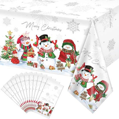 12 Pack Christmas Snowman Tablecloths - Waterproof Plastic Holiday Decor 54x108 Inches
