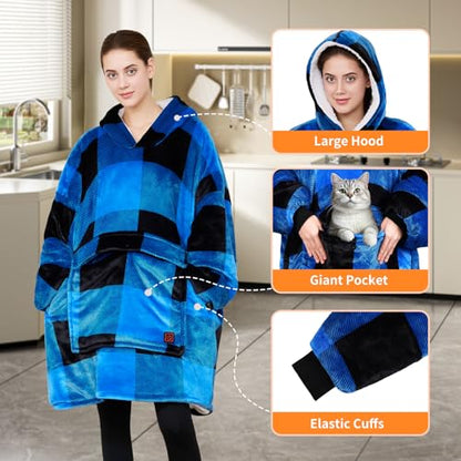 Heated Hoodie Blanket for Women Black-Blue USB Wearable Heated Blanket with 3 Levels
