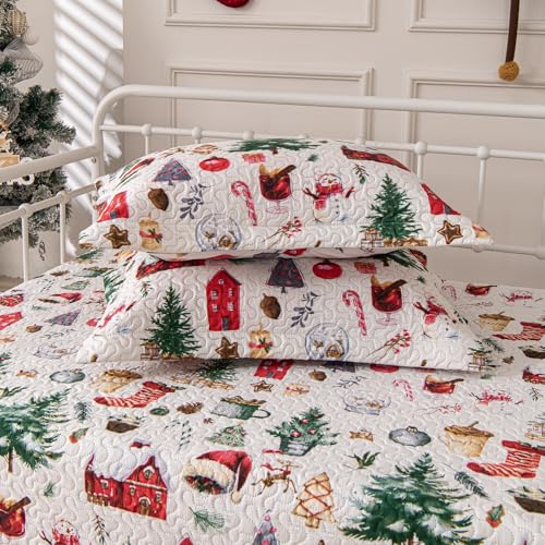 Christmas Daybed Cover Set Twin - Red Green Snowflake & Reindeer 39x75 with Shams