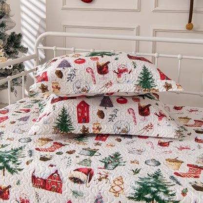 Christmas Daybed Cover Set Twin - Red Green Snowflake & Reindeer 39x75 with Shams