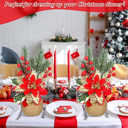 2 Pcs Artificial Christmas Poinsettia Flowers with Holly Berries - Holiday Decor