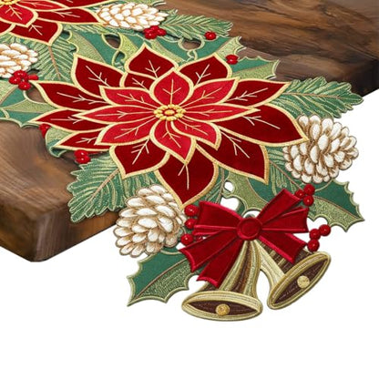 Christmas Tree Table Runner 14x36 Inch Red Green Winter Linen Decor - Red Floral Variation