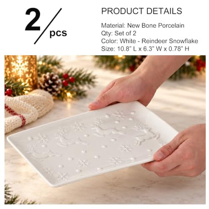 11 Inch Reindeer Ceramic Serving Platters - Set of 2 Christmas Snowflake Dinnerware