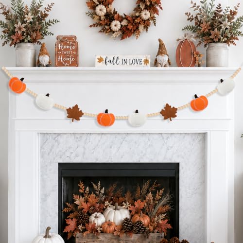 Fall Felt Pumpkin & Maple Leaf Garland - Handmade Autumn Decor 5.9Ft