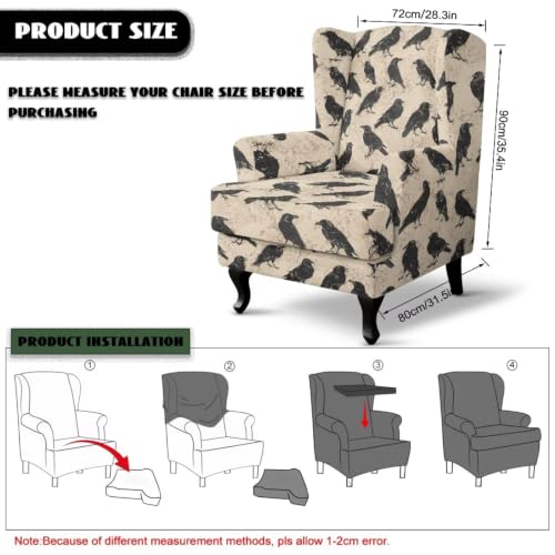 Raven Crow Wingback Chair Cover 2-Piece Stretchable Slipcover for Armchair - Fipuivrn