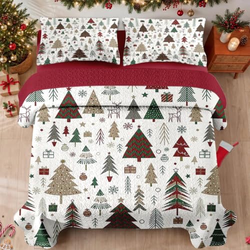 Queen Christmas Quilt Set with Tree Retro Bedding 3 Pieces - Forest Variation