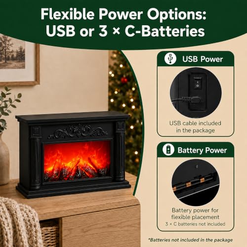 Black LED Fireplace with Flame Effect, Decorative Electric Fire Lamp