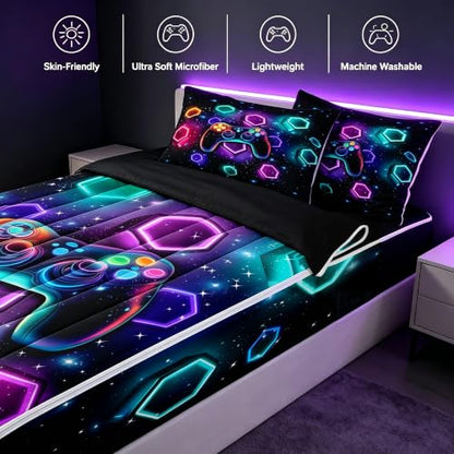Neon Gamepad Bedding Set with Zippered Comforter and Fitted Sheet - Full Size - Black, Purple, Cyan