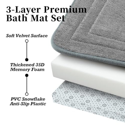 3 Piece Memory Foam Bathroom Rug Set - Ultra Soft Non Slip Quick Dry Bath Mats