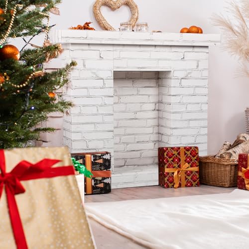 Fullhawl Christmas Cardboard Fireplace 3D Brick Backdrop - White