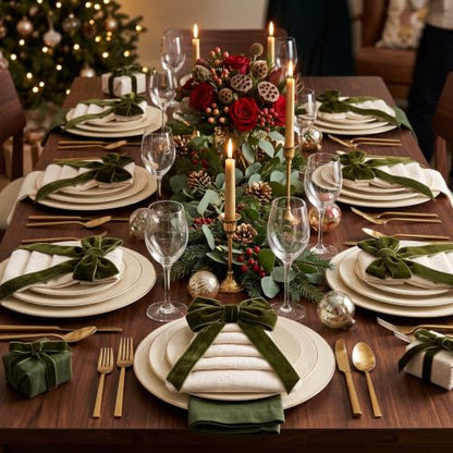 FoldTier Christmas Cloth Napkins Set with Velvet Bows - Green, 12 Pack