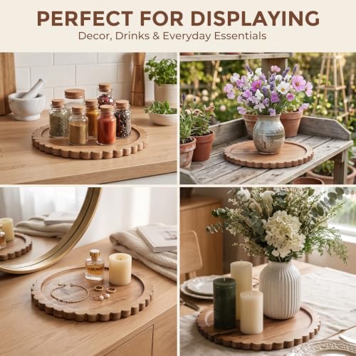 Solid Acacia Wood Decorative Tray - 12 Inch Round Scalloped Centerpiece