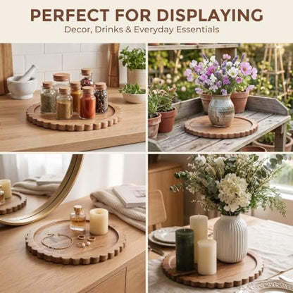 Solid Acacia Wood Decorative Tray - 12 Inch Round Scalloped Centerpiece