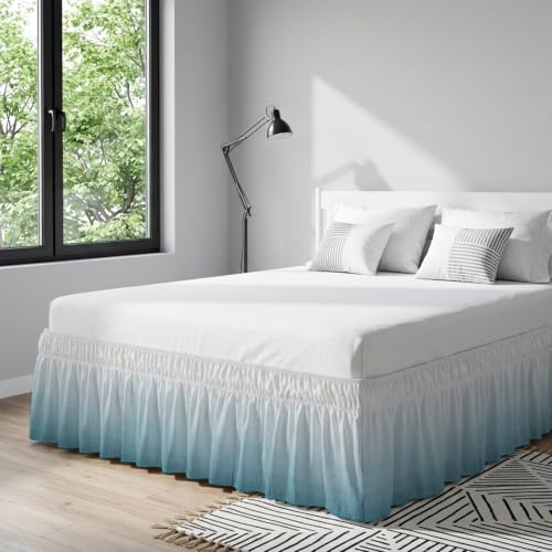 Blue Ombre Queen Bed Skirt 16 Inch Drop Elastic Wrap-Around Dust Ruffle Ocean Blue