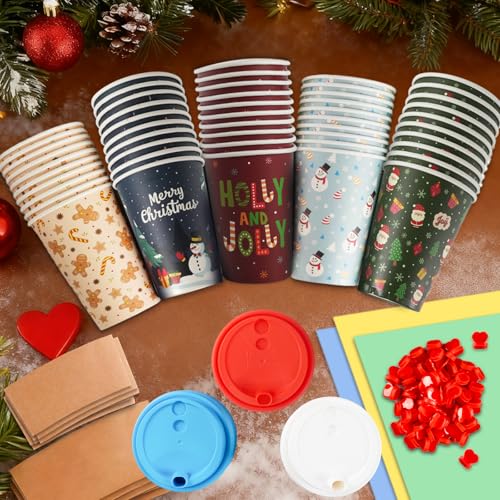 50 Pack Christmas Disposable Coffee Cups with Lids & Sleeves - 12 Oz Vintage Xmas Paper Cups for Hot & Cold Drinks